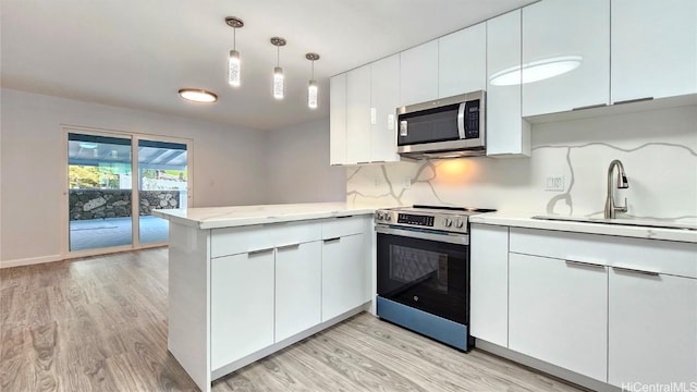 kitchen featuring kitchen peninsula, sink, white cabinetry, and stainless steel appliances