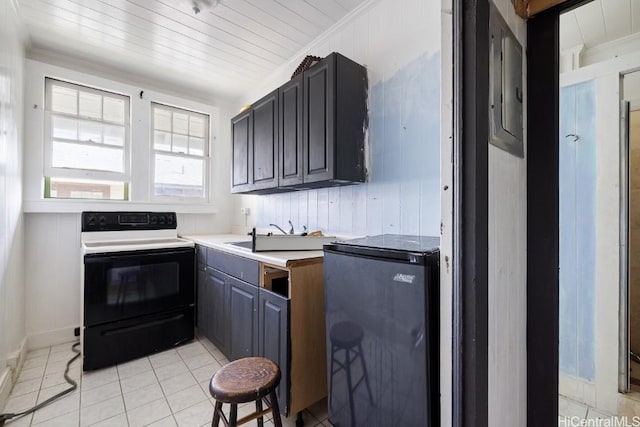 kitchen featuring refrigerator, white electric range oven, crown molding, sink, and light tile patterned floors