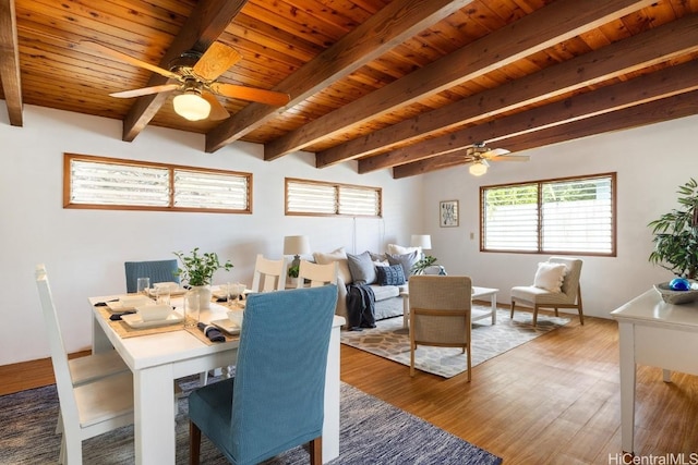 dining space with beam ceiling, dark hardwood / wood-style flooring, ceiling fan, and wood ceiling