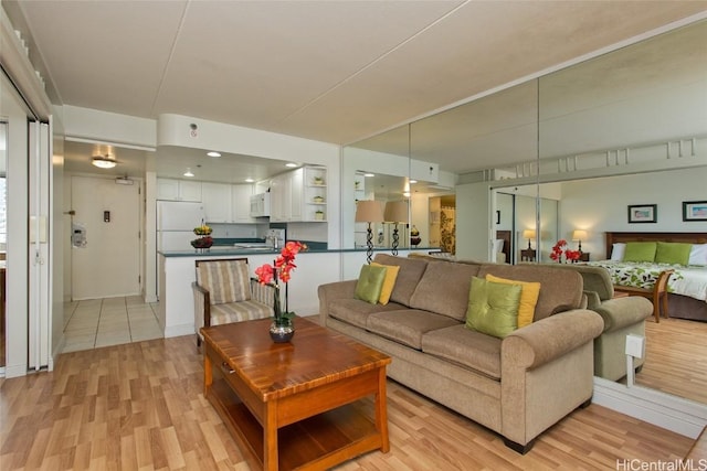 living room with light hardwood / wood-style floors and sink