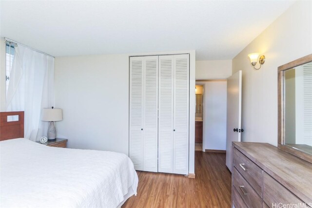 bedroom featuring light wood-type flooring and multiple closets