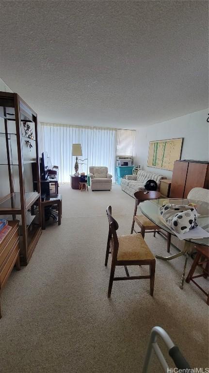 living room with carpet floors and a textured ceiling