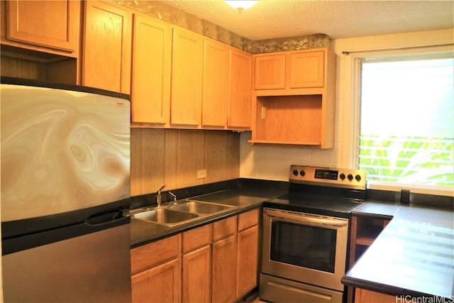 kitchen featuring appliances with stainless steel finishes, a textured ceiling, and sink