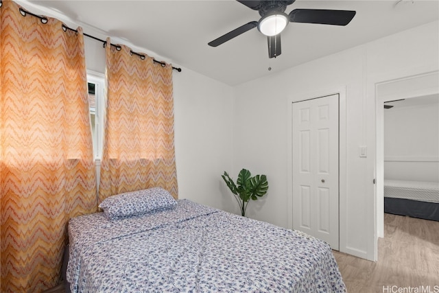 bedroom featuring ceiling fan and light wood-type flooring