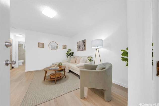 living room with light hardwood / wood-style flooring and a textured ceiling