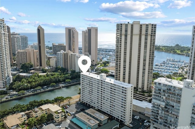 drone / aerial view featuring a water view