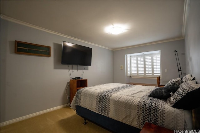 carpeted bedroom featuring crown molding