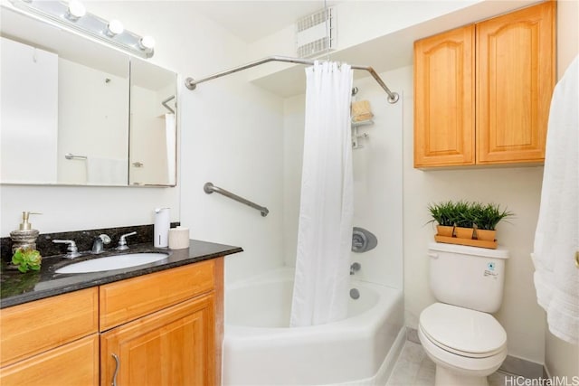 full bathroom with vanity, shower / bath combination with curtain, and toilet