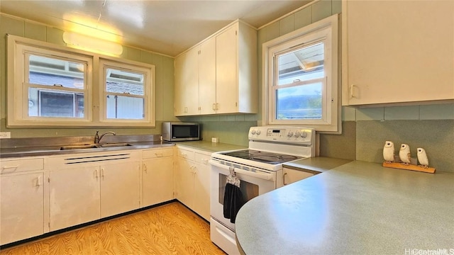 kitchen featuring electric range, sink, white cabinets, and light hardwood / wood-style floors