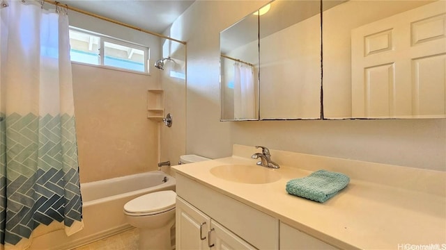 full bathroom with tile patterned floors, vanity, toilet, and shower / bathtub combination with curtain