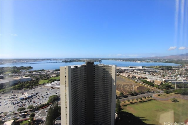 drone / aerial view with a water view