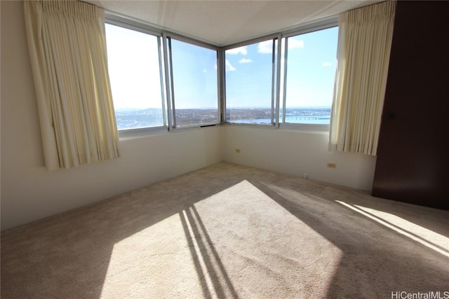 spare room with carpet flooring and a water view