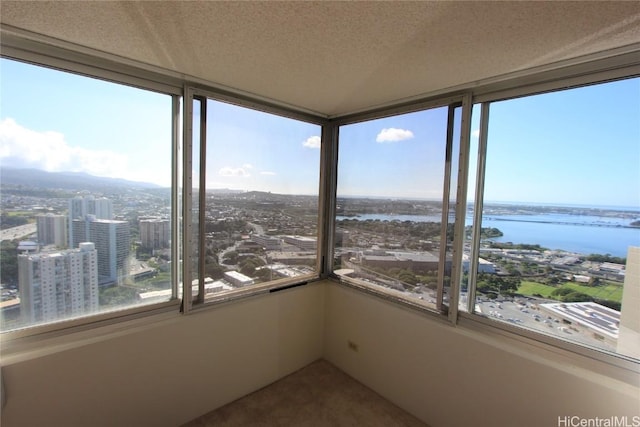 unfurnished sunroom featuring a water view