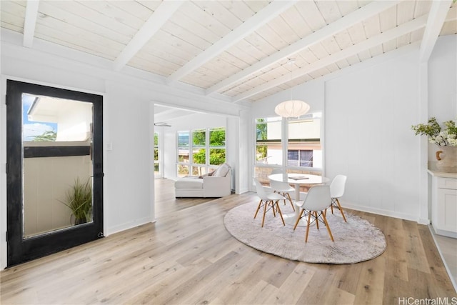 dining space featuring lofted ceiling with beams, light wood-type flooring, and wood ceiling