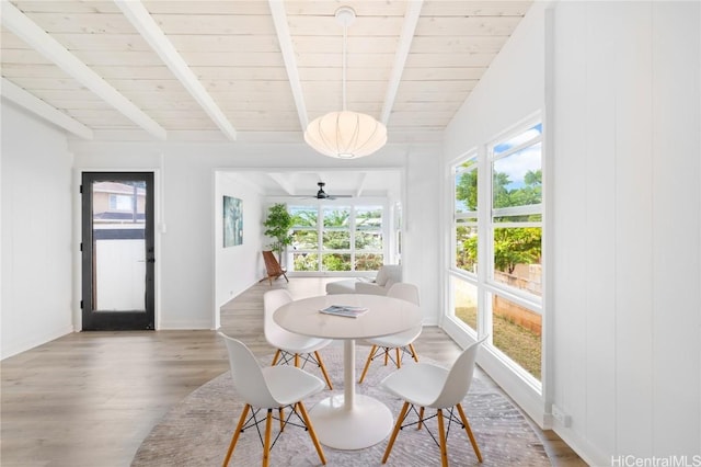 dining room featuring a healthy amount of sunlight, ceiling fan, wood ceiling, and wood-type flooring