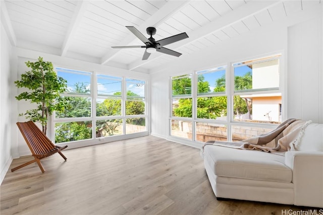 sunroom featuring wood ceiling, beam ceiling, and ceiling fan