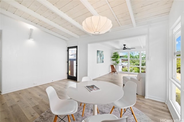 dining space with wood ceiling, beam ceiling, and light hardwood / wood-style flooring