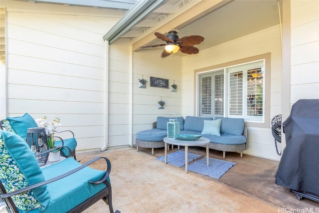 view of patio with ceiling fan, area for grilling, and an outdoor hangout area