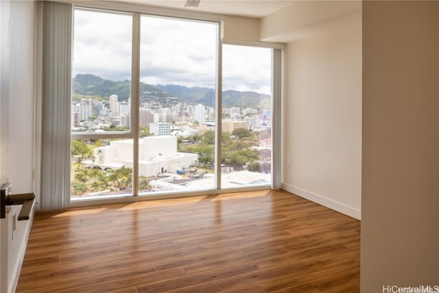 entryway with floor to ceiling windows, a mountain view, and hardwood / wood-style floors