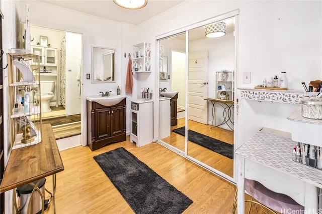 bathroom featuring toilet, vanity, and hardwood / wood-style flooring