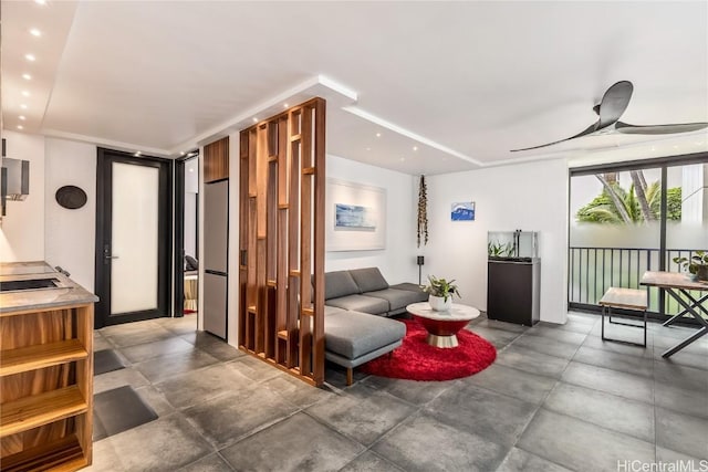 living room with ceiling fan