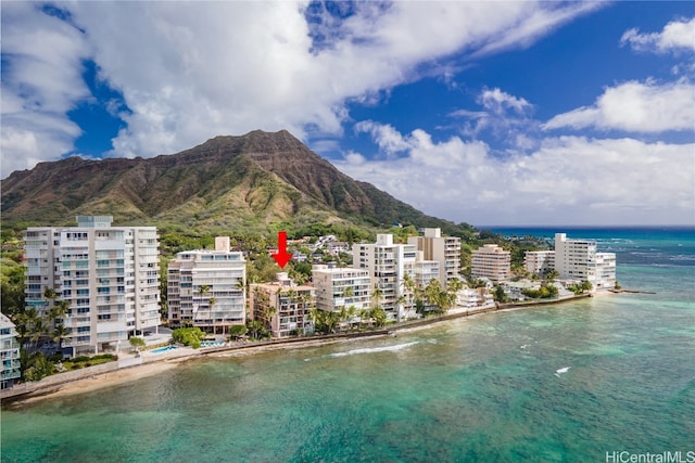 aerial view with a water and mountain view