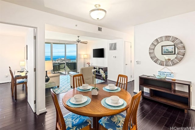 dining space featuring expansive windows and ceiling fan