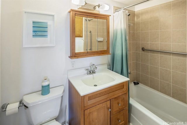 full bathroom featuring vanity, shower / tub combo, and toilet