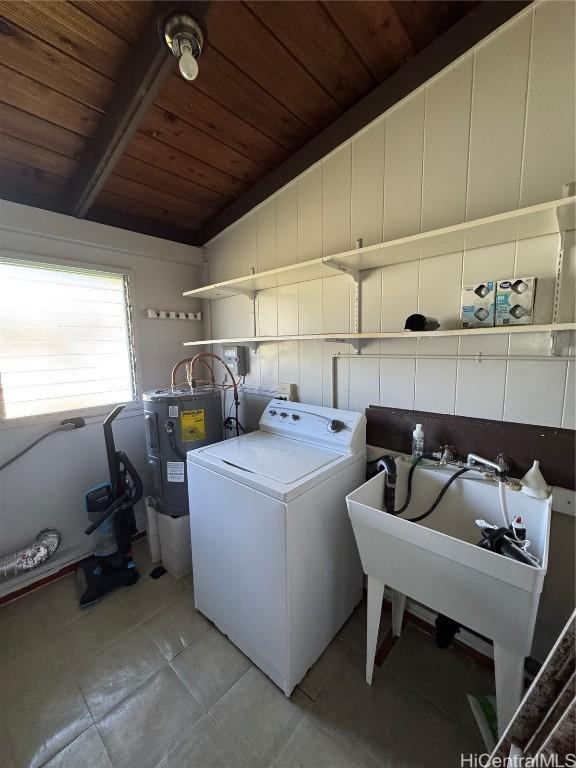 laundry area with light tile patterned floors, electric water heater, wooden ceiling, washer / clothes dryer, and sink