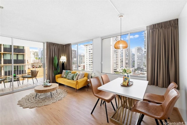 dining space featuring a city view, a textured ceiling, and wood finished floors