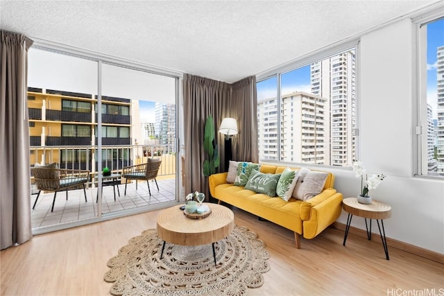 living area with a view of city, a textured ceiling, and wood finished floors