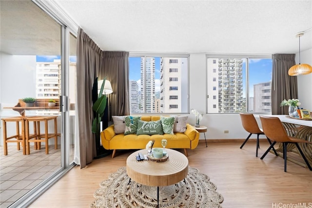 living area with a wealth of natural light, light wood-style flooring, and a city view