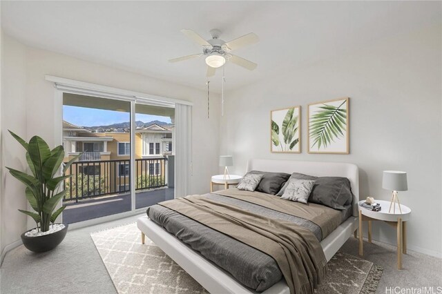 bedroom featuring carpet floors, access to exterior, and ceiling fan