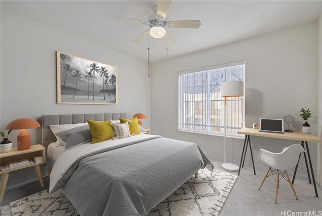 carpeted bedroom featuring ceiling fan