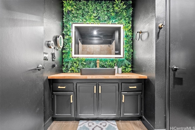 bathroom with a shower, hardwood / wood-style floors, and vanity