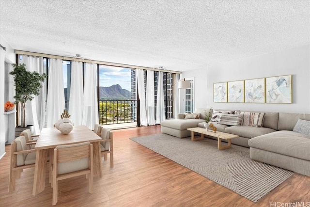 living room with a textured ceiling, light hardwood / wood-style floors, and a wall of windows