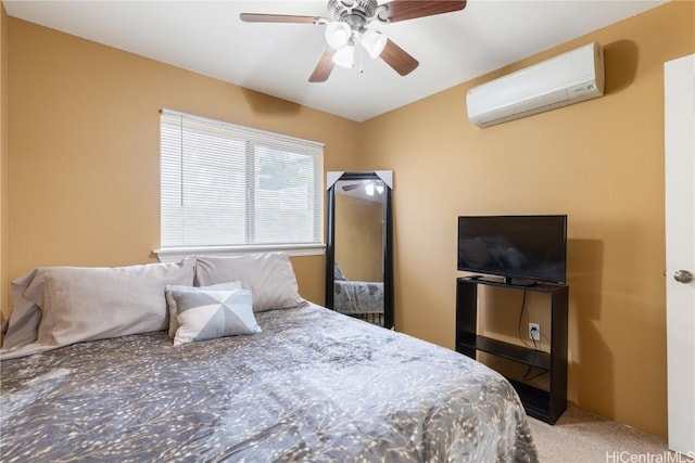 carpeted bedroom with a wall mounted air conditioner and ceiling fan