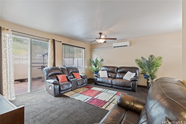 carpeted living room featuring ceiling fan and an AC wall unit