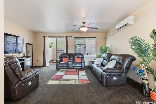 living room featuring dark carpet, a wall unit AC, and ceiling fan