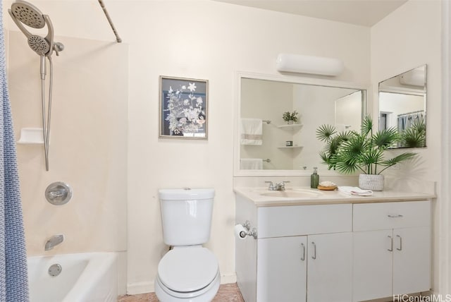 full bathroom with toilet, vanity, and shower / tub combo with curtain