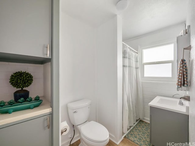 bathroom featuring a shower with curtain, vanity, and toilet