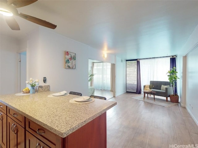 kitchen featuring ceiling fan and light hardwood / wood-style flooring