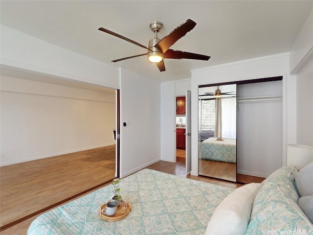 bedroom featuring hardwood / wood-style flooring, ceiling fan, and a closet