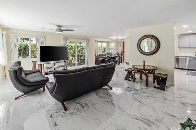 living room featuring ceiling fan