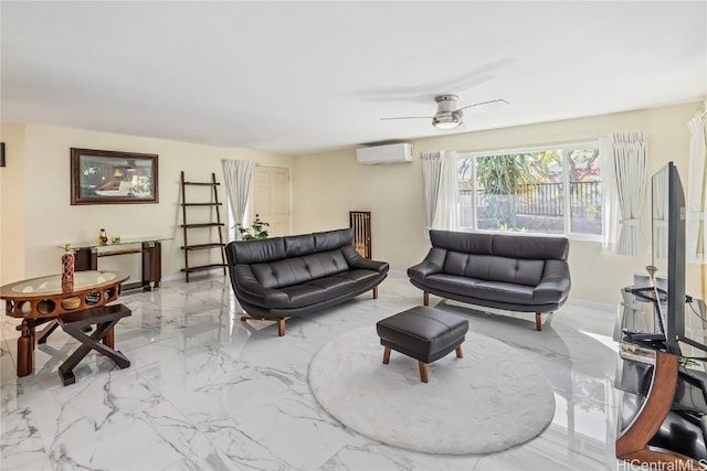 living room featuring ceiling fan and a wall mounted AC