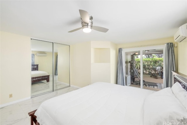 bedroom with ceiling fan, a closet, access to outside, and a wall mounted AC