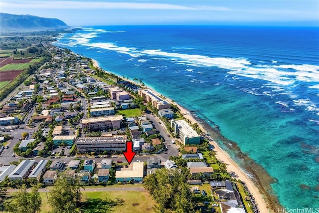 drone / aerial view featuring a water view and a view of the beach