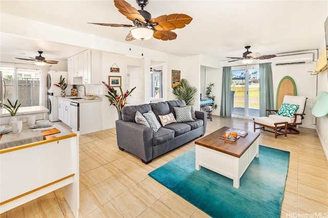 living room featuring light tile patterned floors, sink, and a wall mounted AC