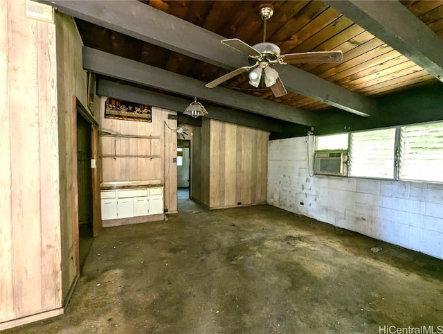 interior space featuring ceiling fan, beam ceiling, wood ceiling, and cooling unit