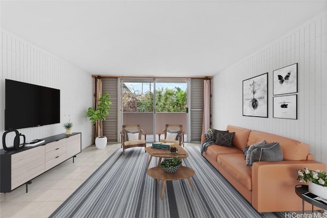 living room featuring light tile patterned flooring